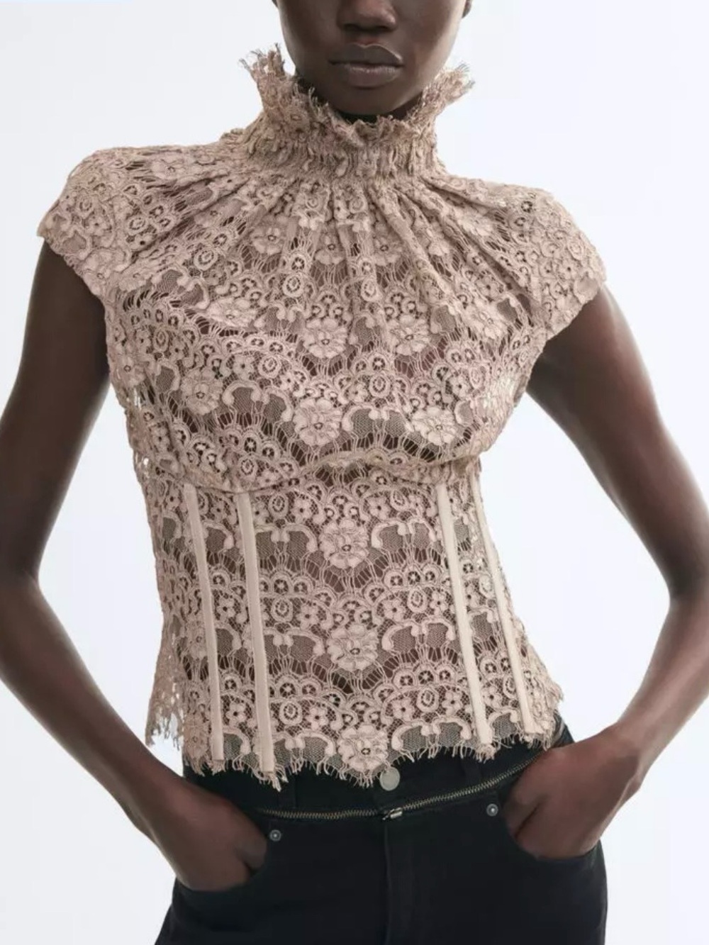 H&M Lace Boned Corset Short Sleeve High Neck Top (beige) NWT Sz Large